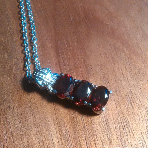 Mozambique Garnet Three Stone Stainless Steel Pendant Necklace - Picture 8 of 12